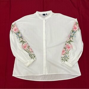 Kaari Blue Bohemian White Embroidered Sleeve Size L Button Up Long Sleeve